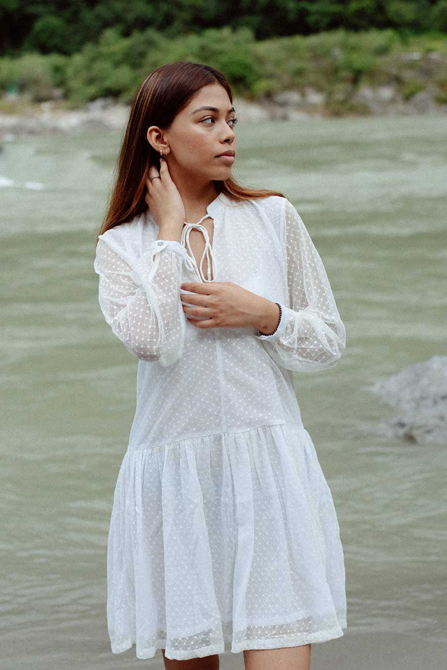 MO'OREA - White Dotted Lace Short Dress