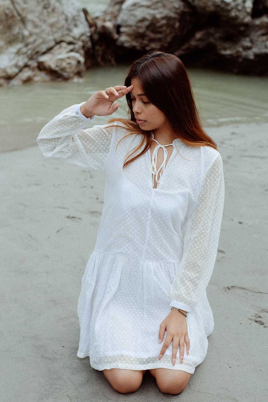 MO'OREA - White Dotted Lace Short Dress