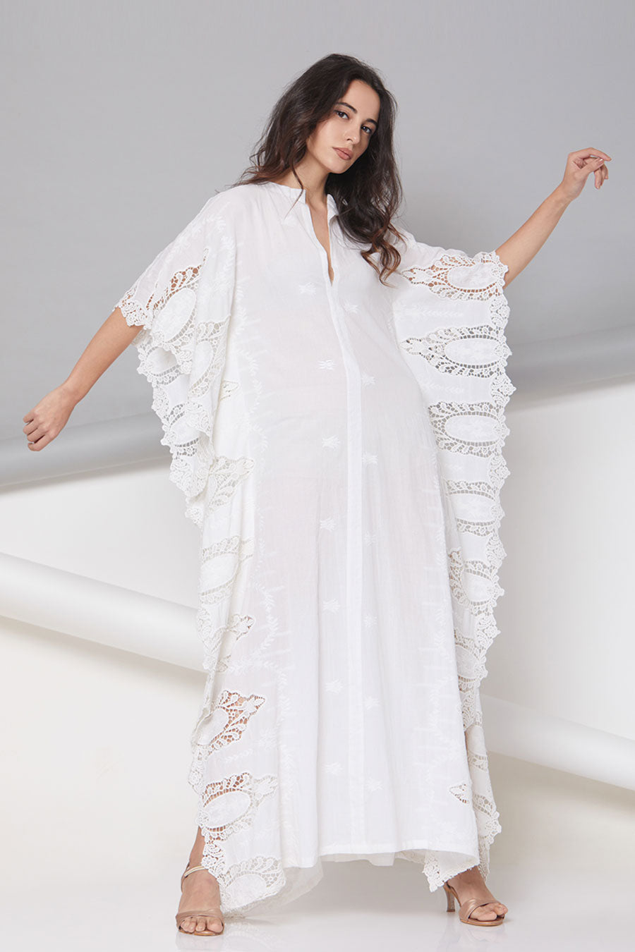 Agnes - Off-White Applique Kaftan Tunic Dress