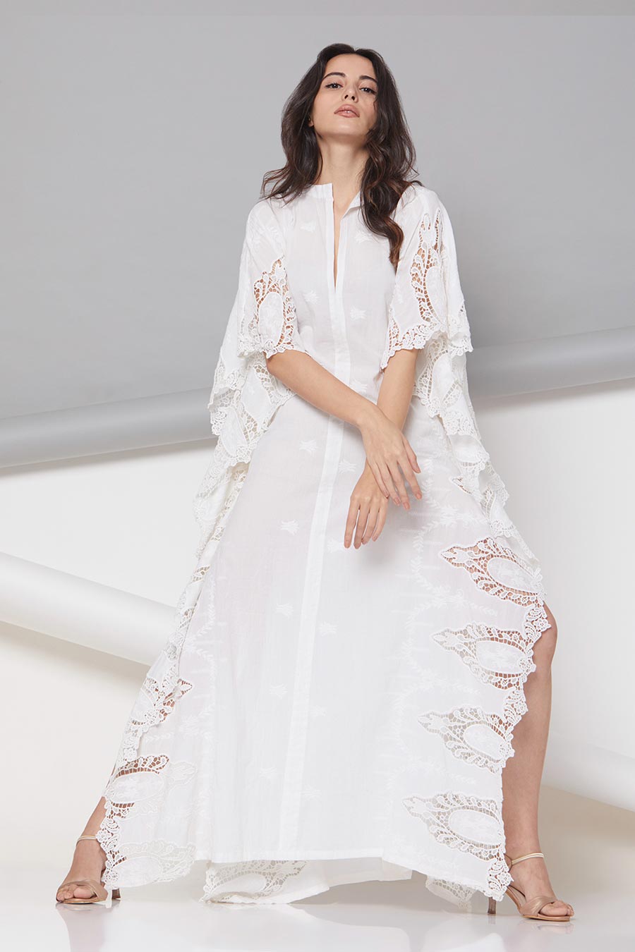 Agnes - Off-White Applique Kaftan Tunic Dress