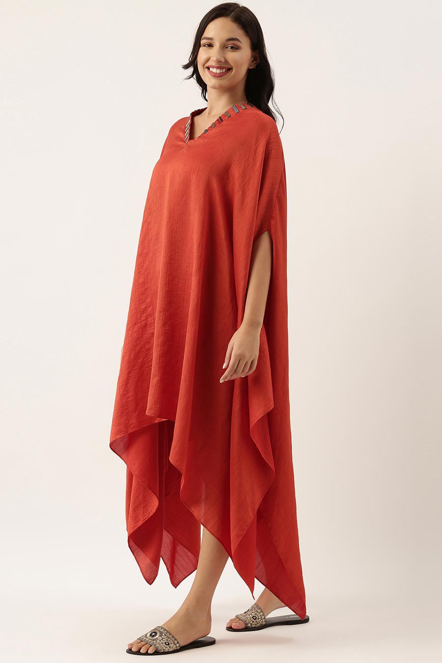 Rust Orange Silk Kaftan Dress