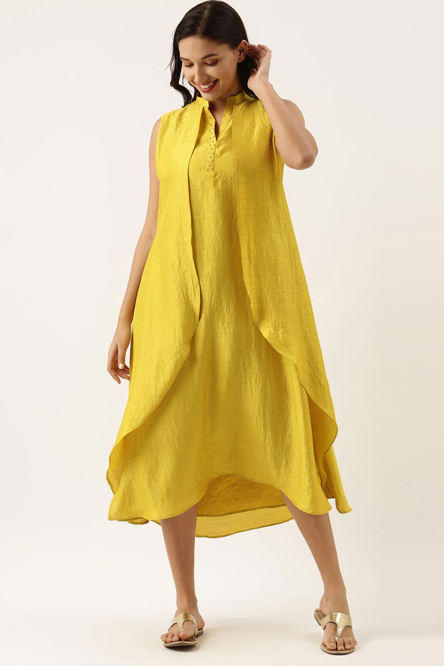 Yellow Silk Double Layered Dress