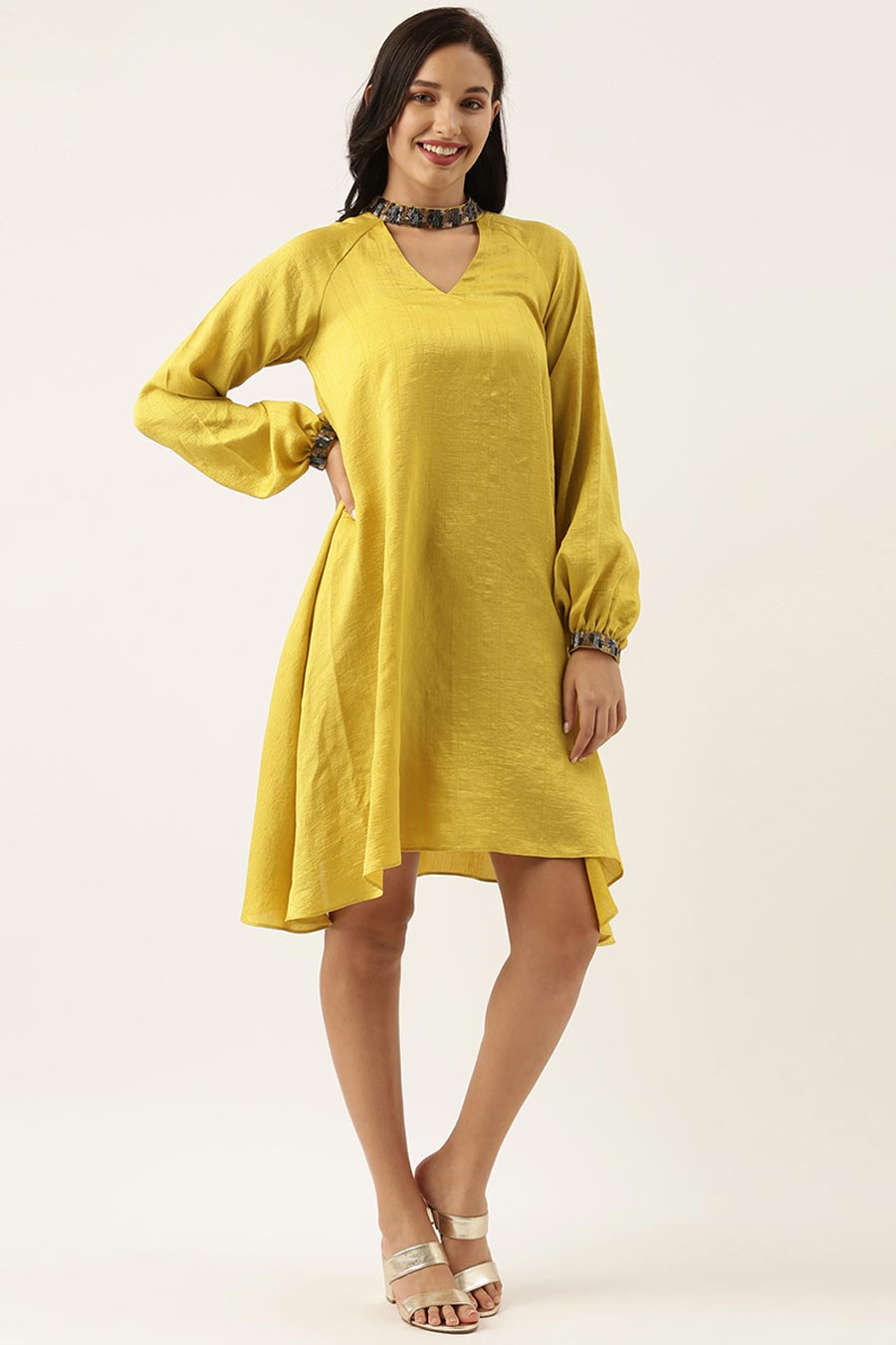 Yellow Silk Choker Neck Dress