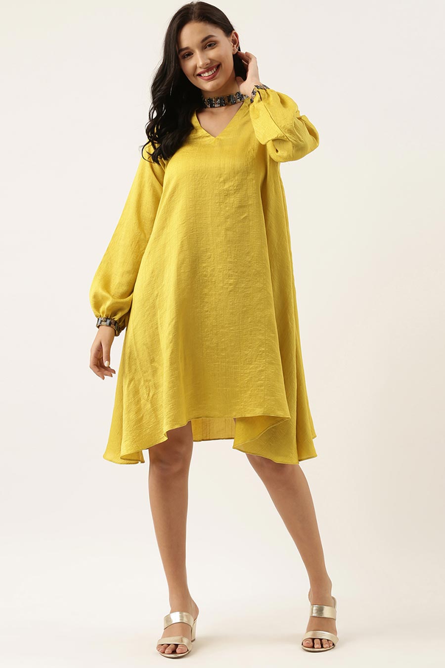 Yellow Silk Choker Neck Dress