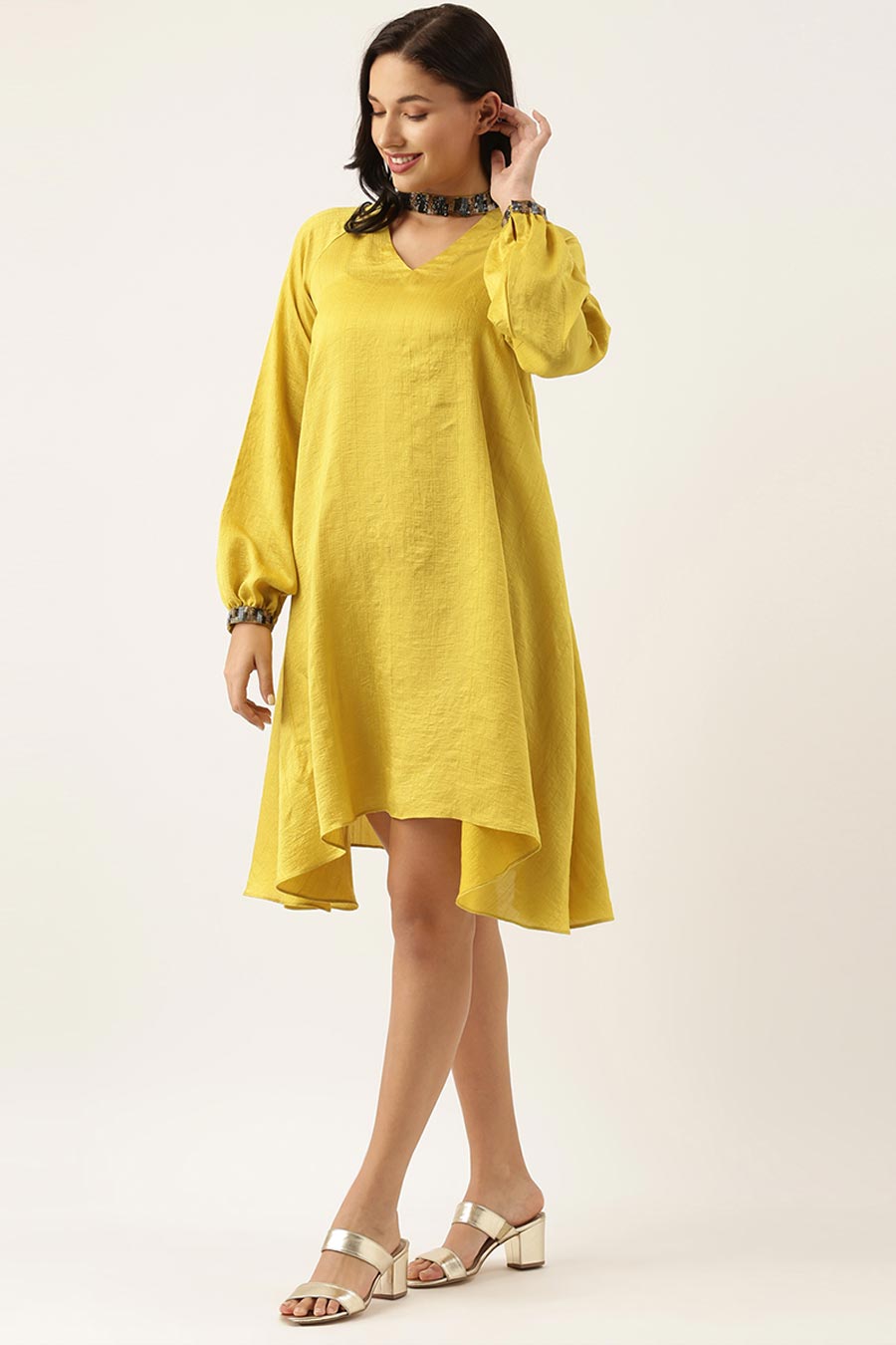 Yellow Silk Choker Neck Dress
