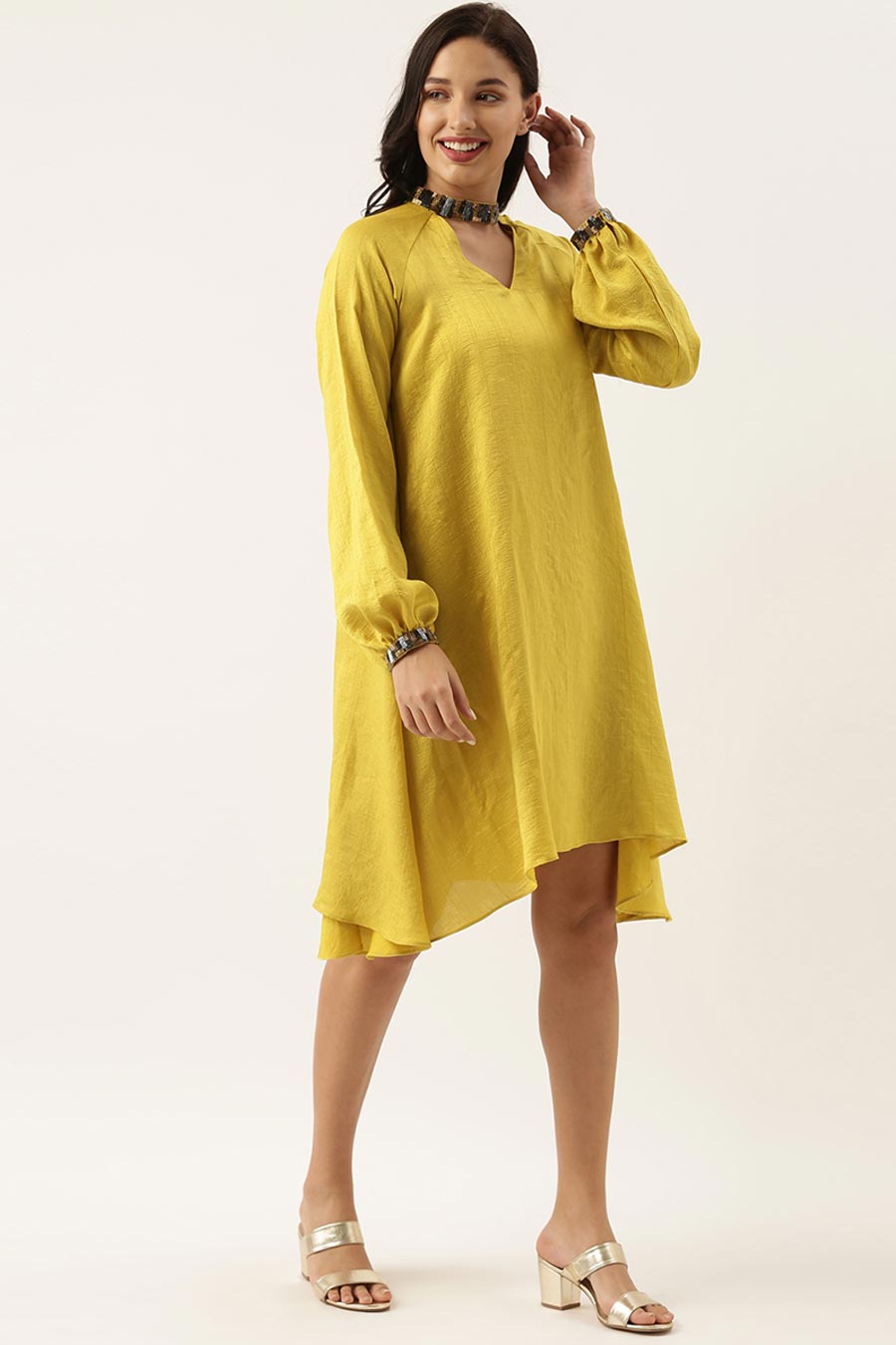 Yellow Silk Choker Neck Dress