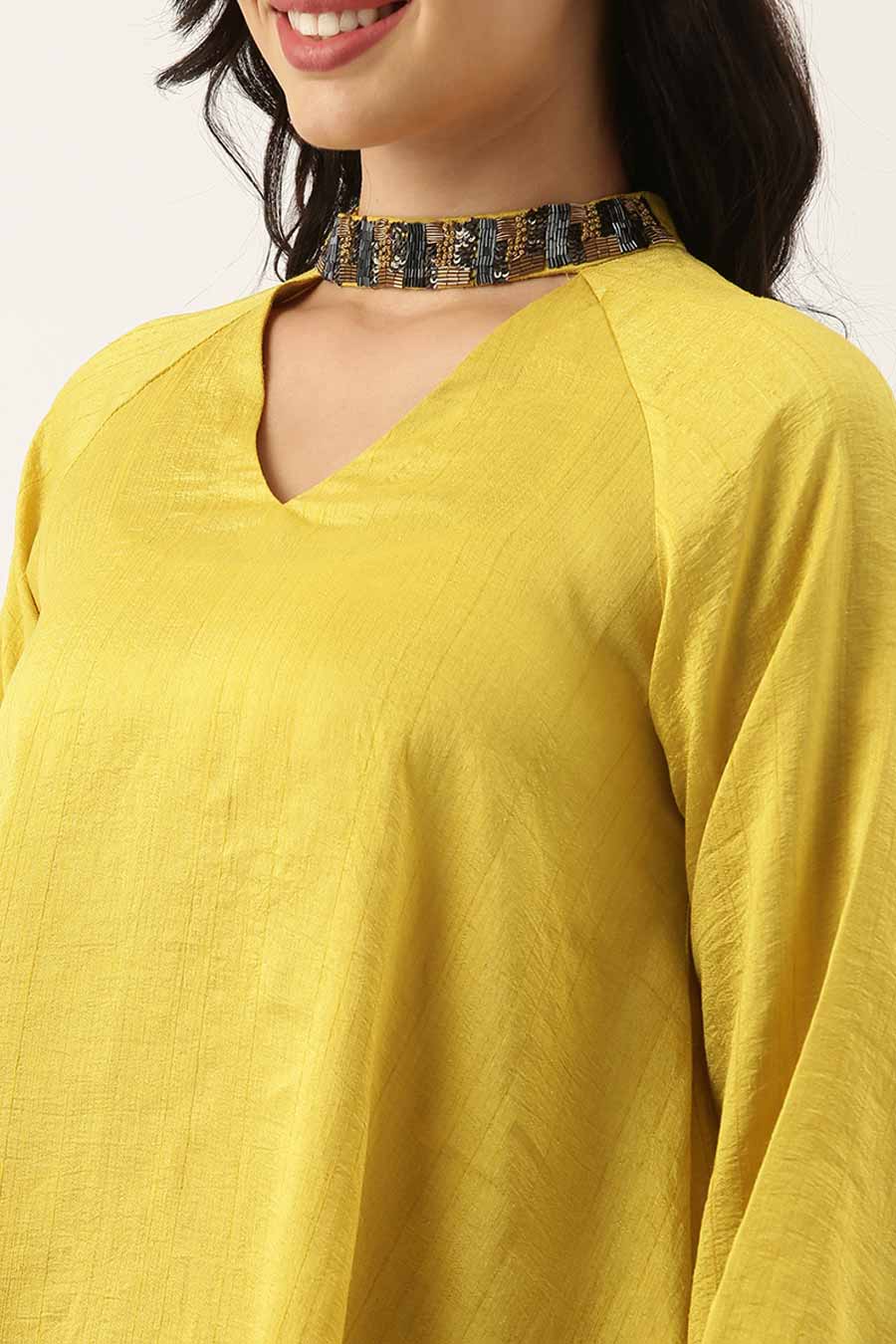 Yellow Silk Choker Neck Dress
