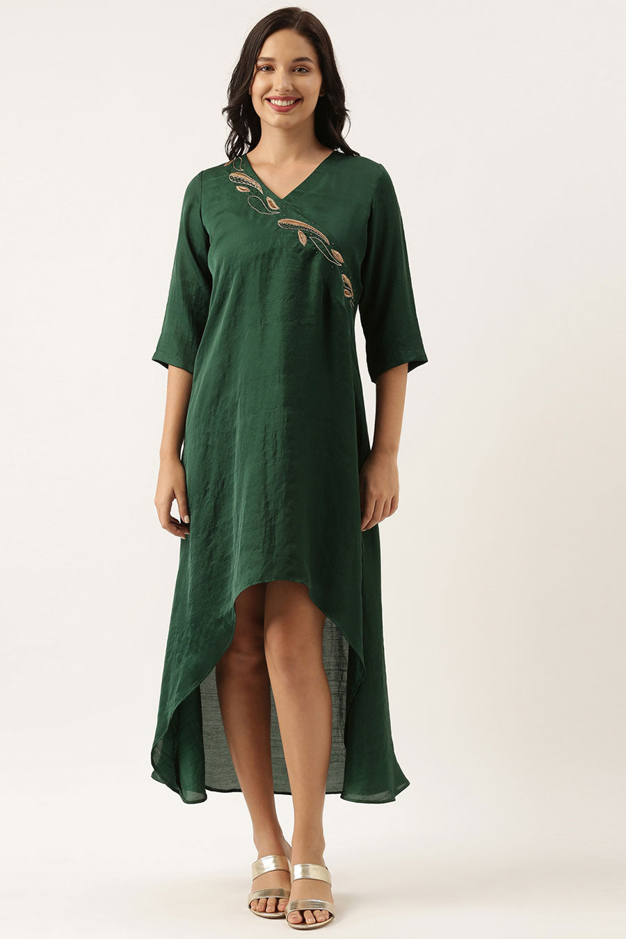Bottle Green Silk Embroidered Dress