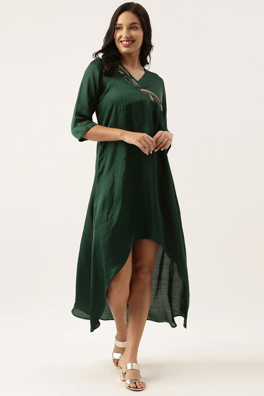 Bottle Green Silk Embroidered Dress