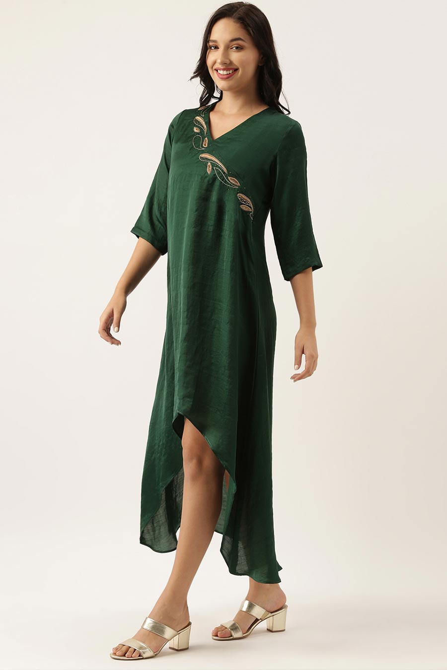 Bottle Green Silk Embroidered Dress
