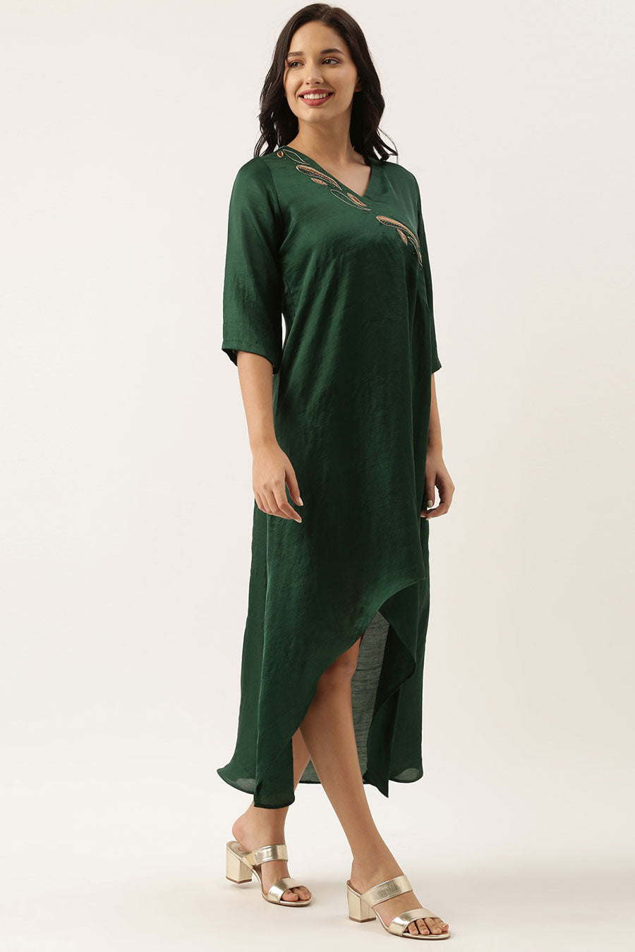 Bottle Green Silk Embroidered Dress