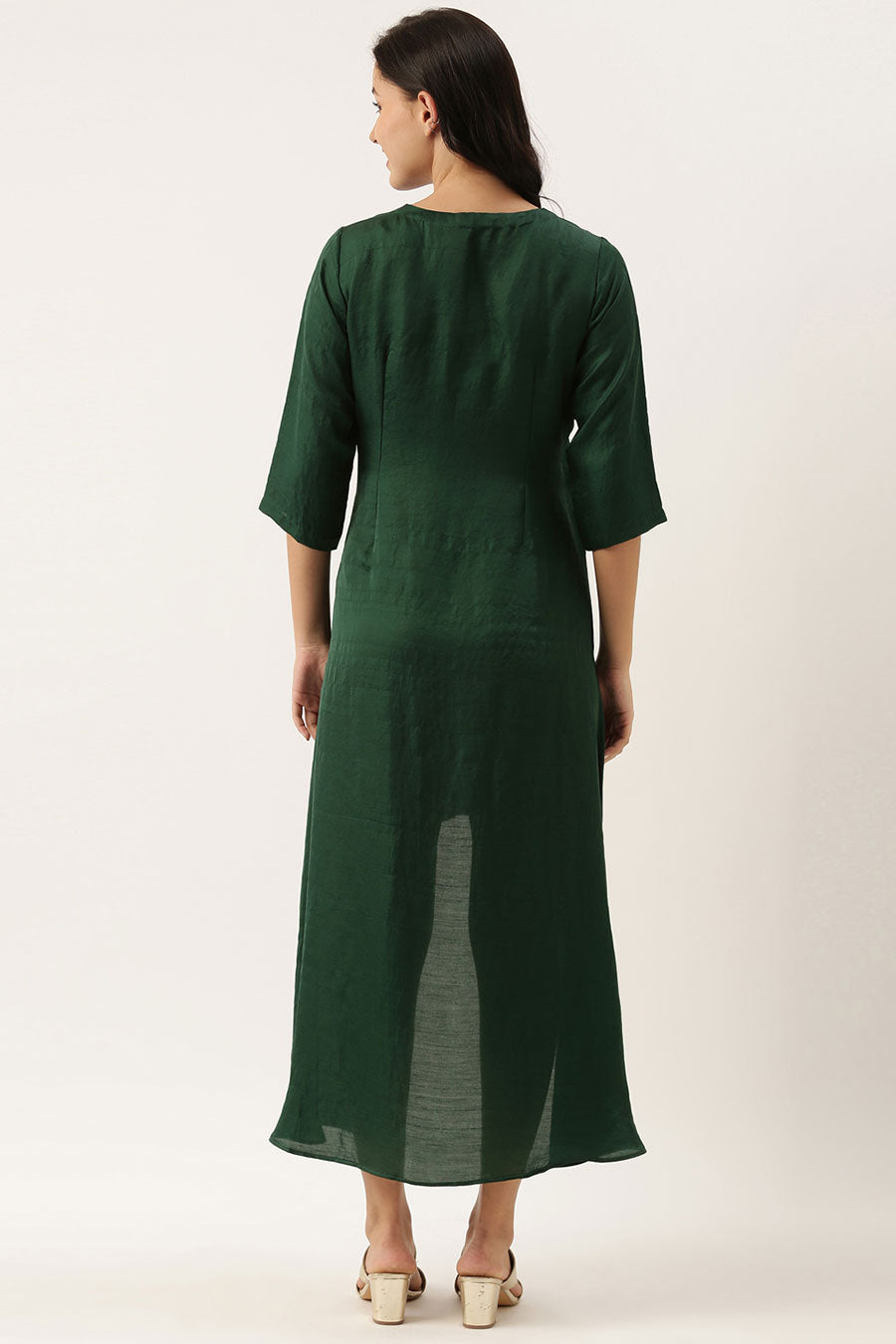 Bottle Green Silk Embroidered Dress