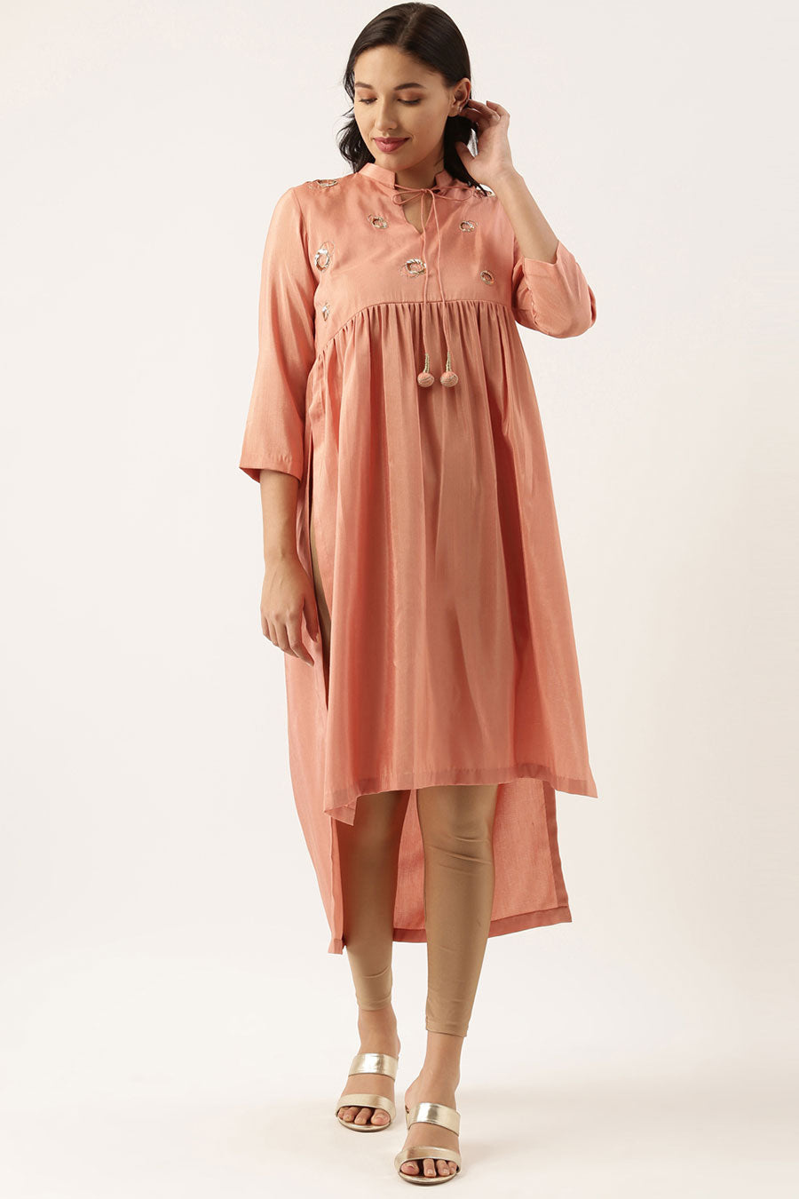 Pastel Pink Sequened Silk Linen Dress