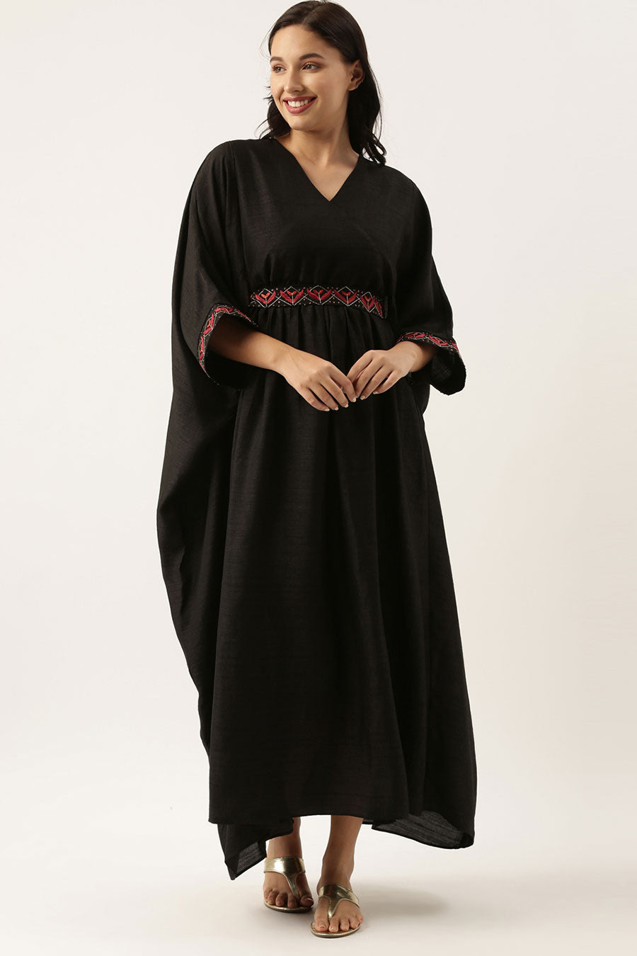 Black Silk Kaftan Dress With Belt