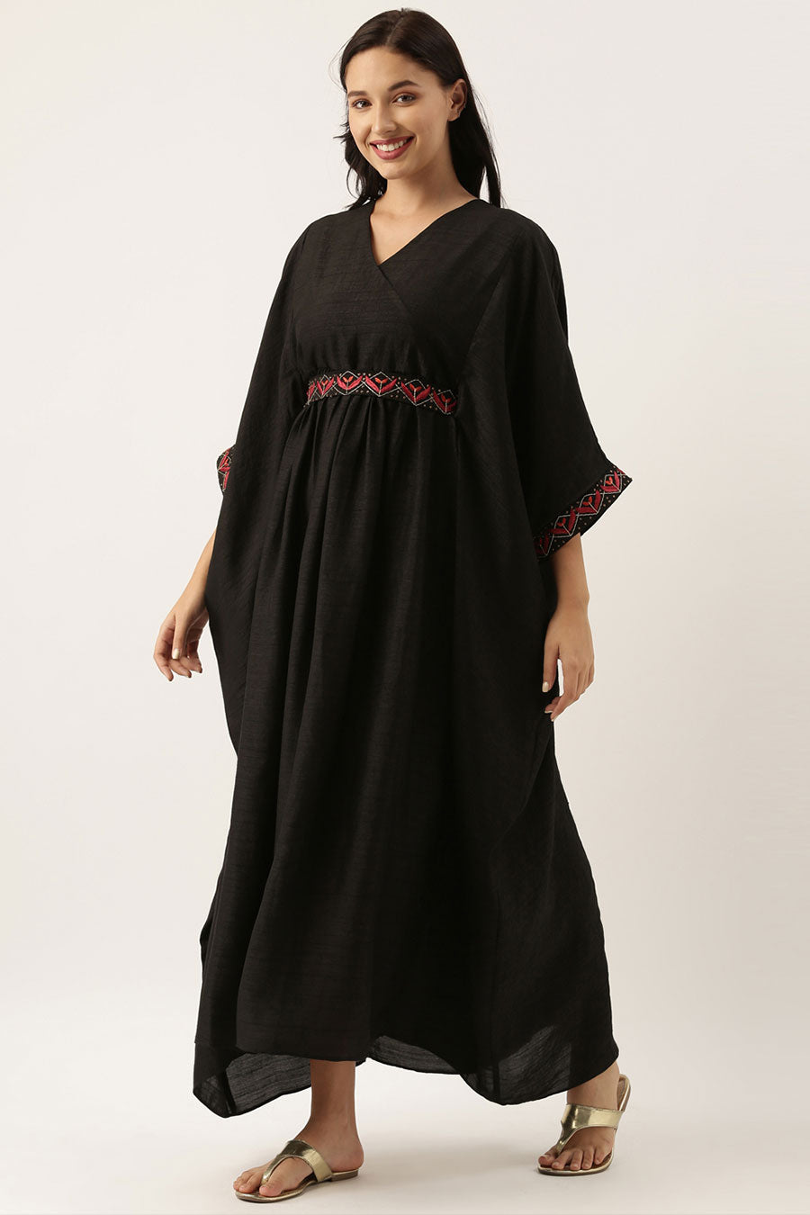 Black Silk Kaftan Dress With Belt