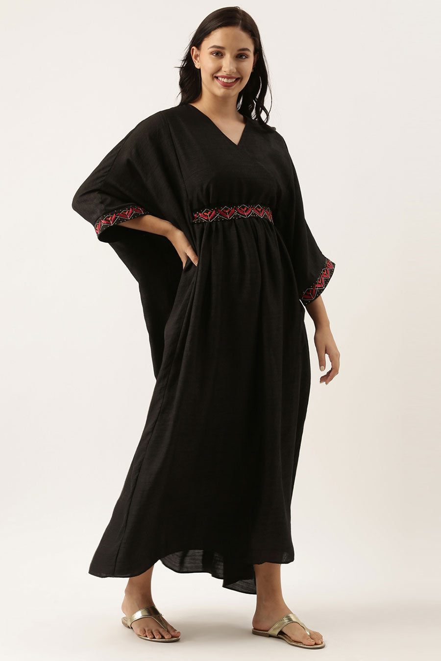 Black Silk Kaftan Dress With Belt