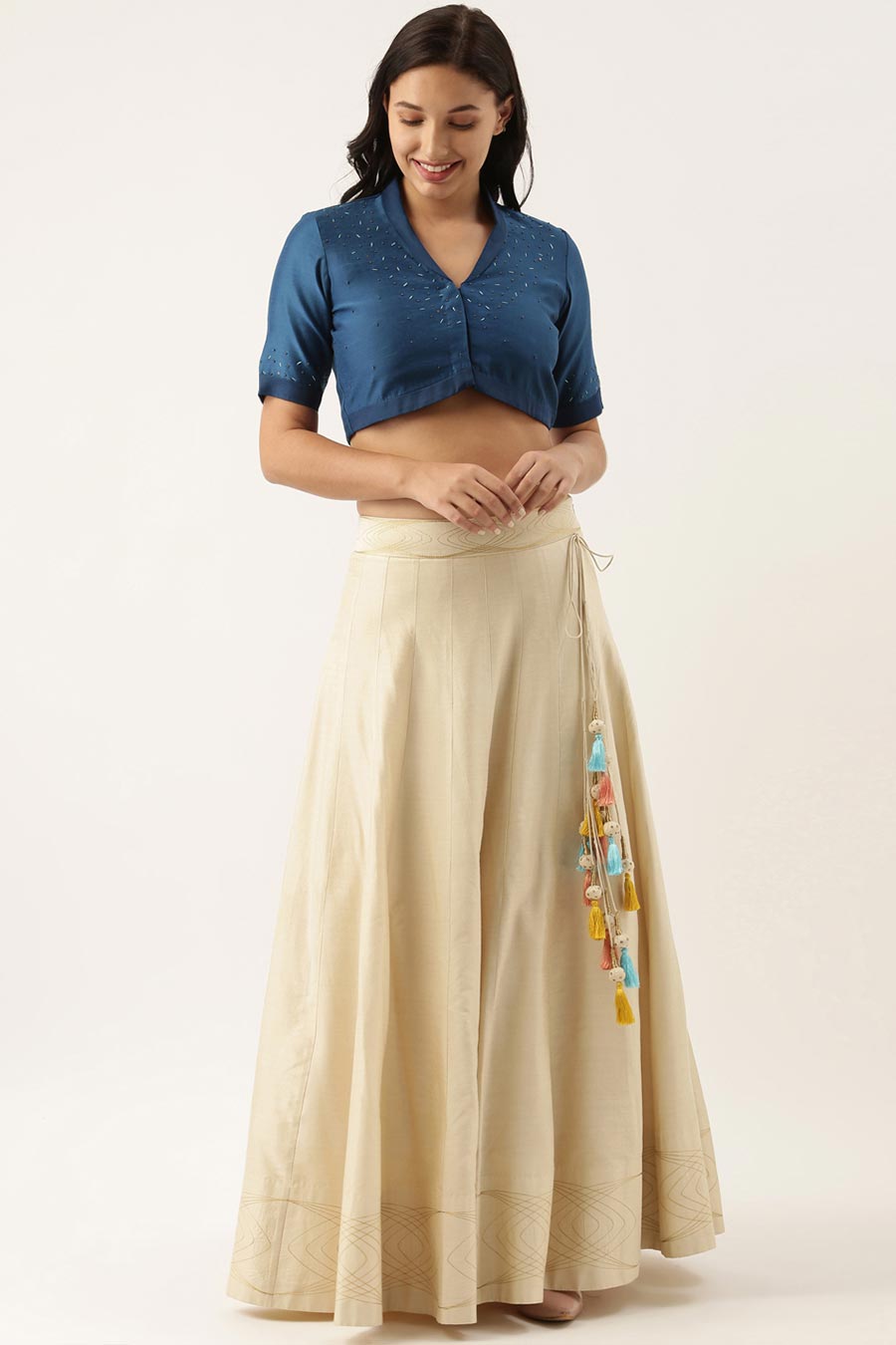 Blue Linen Silk Collar Blouse