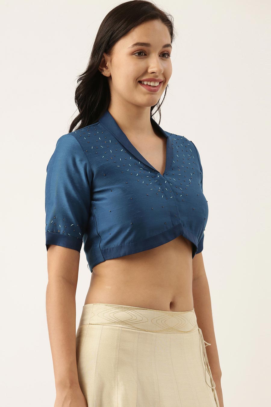 Blue Linen Silk Collar Blouse