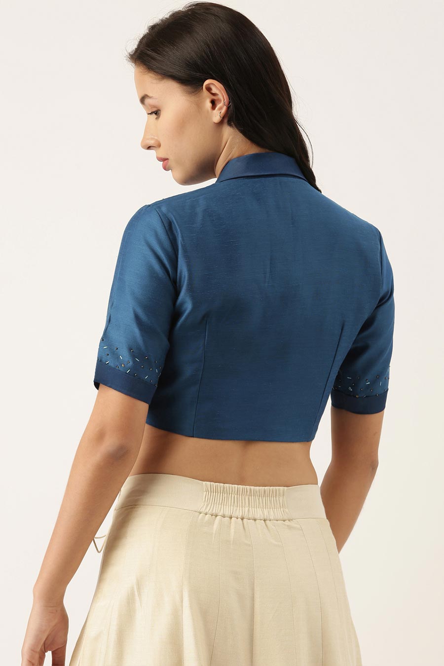 Blue Linen Silk Collar Blouse