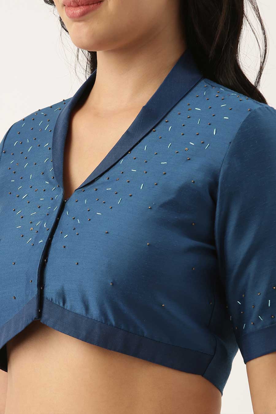 Blue Linen Silk Collar Blouse