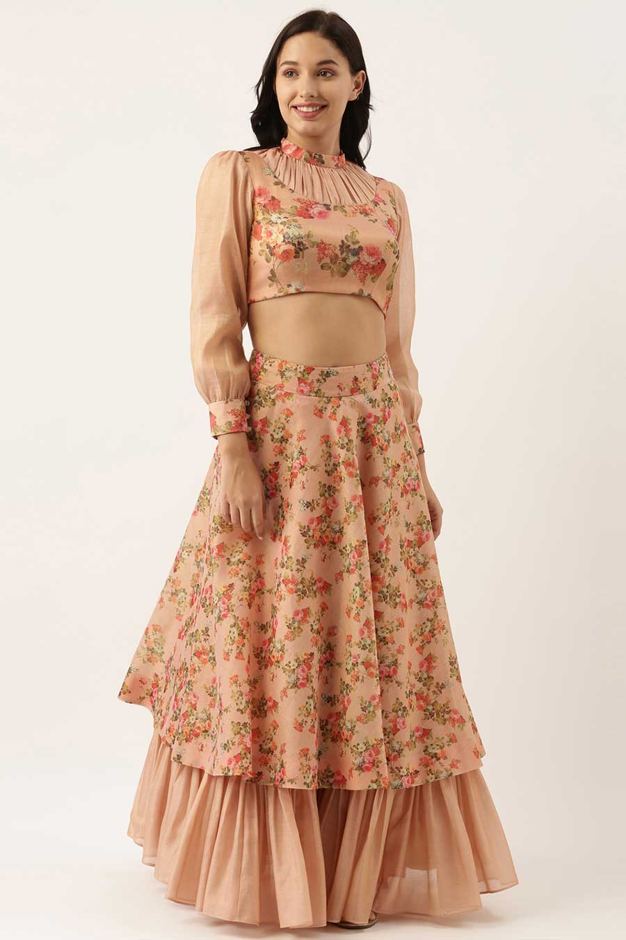 Pink Chanderi Crop Top & Skirt Set