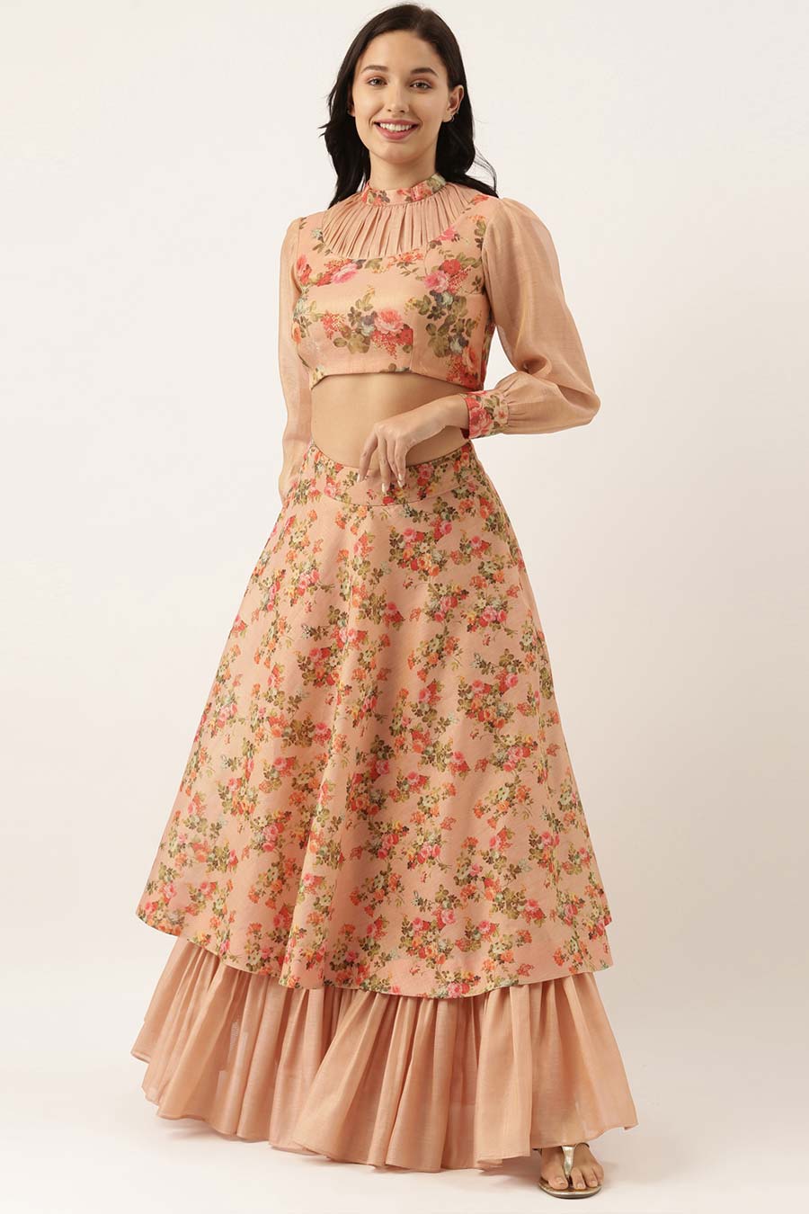 Pink Chanderi Crop Top & Skirt Set