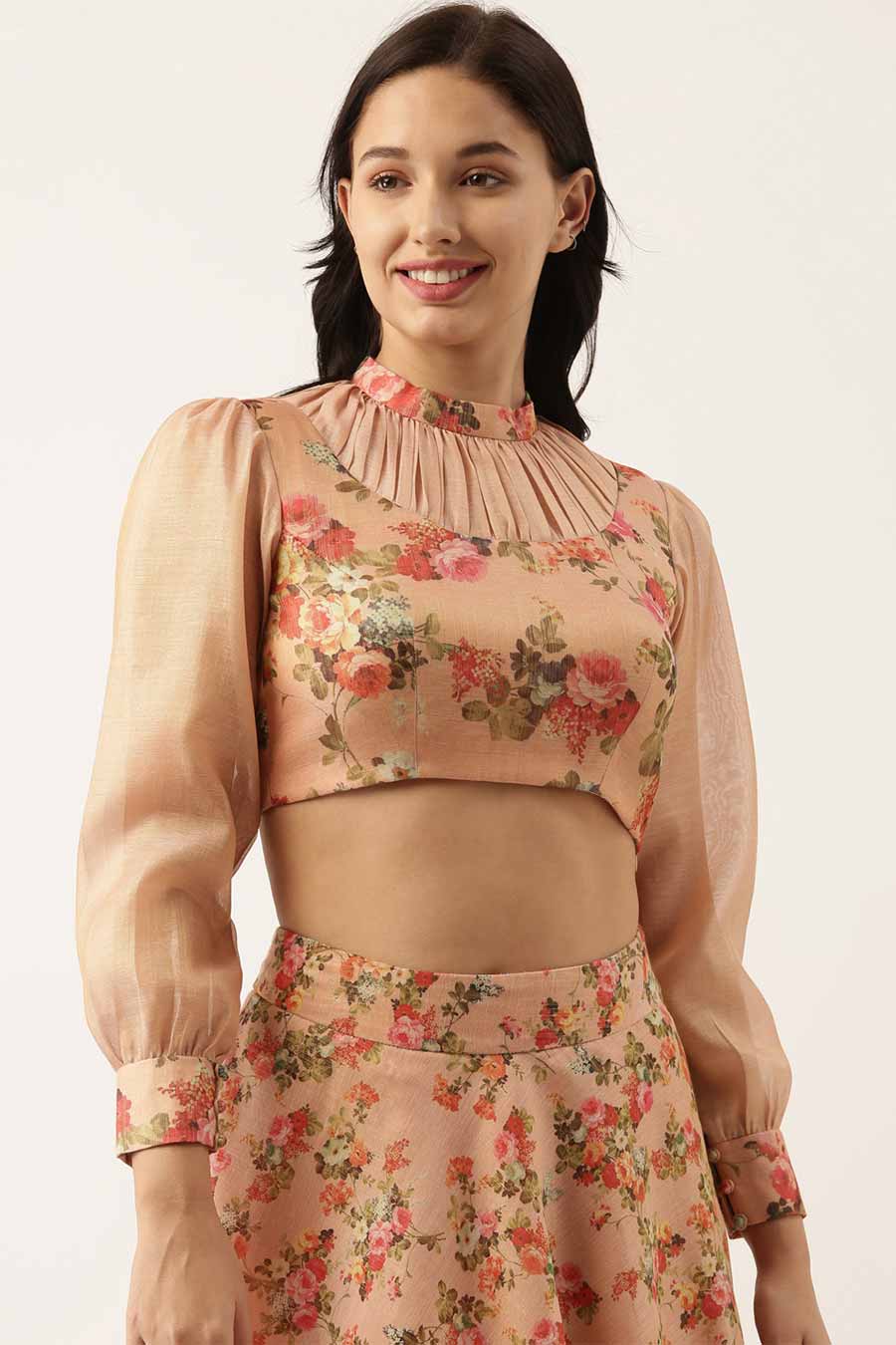 Pink Chanderi Crop Top & Skirt Set