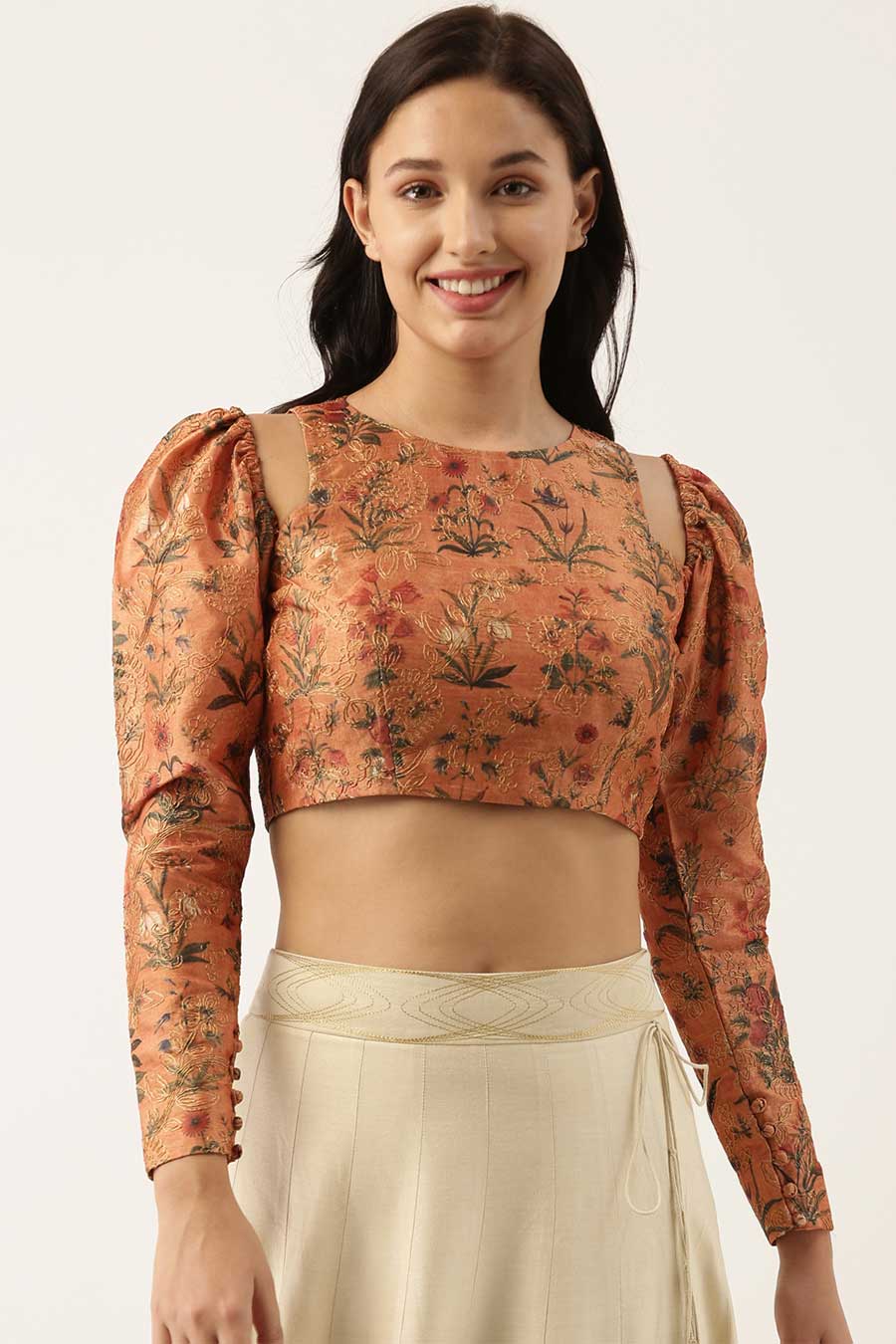Rust Chanderi Print Embroidered Blouse