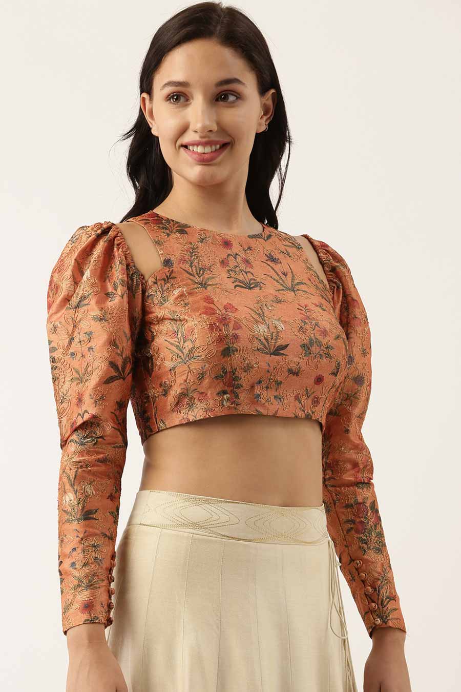 Rust Chanderi Print Embroidered Blouse