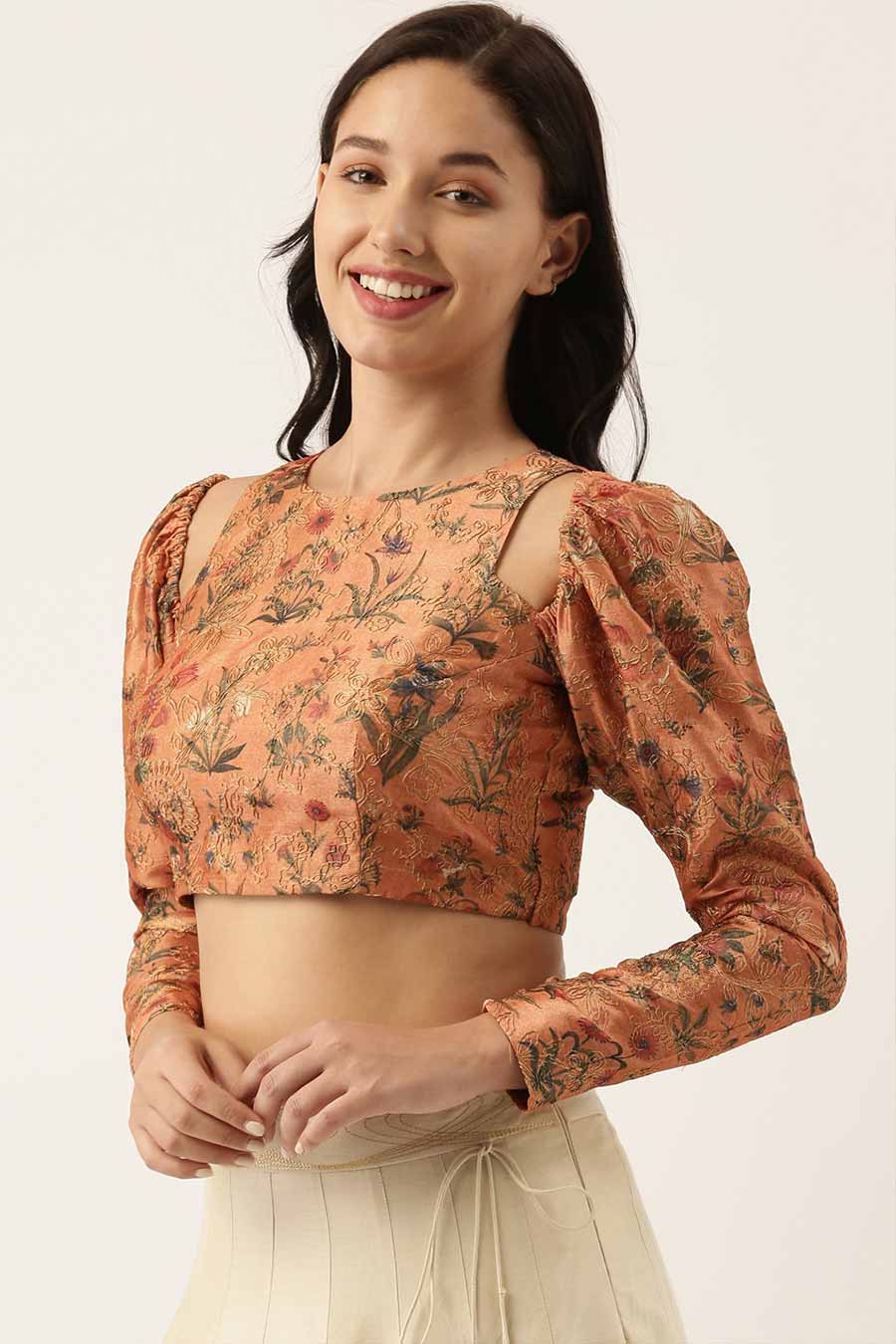 Rust Chanderi Print Embroidered Blouse