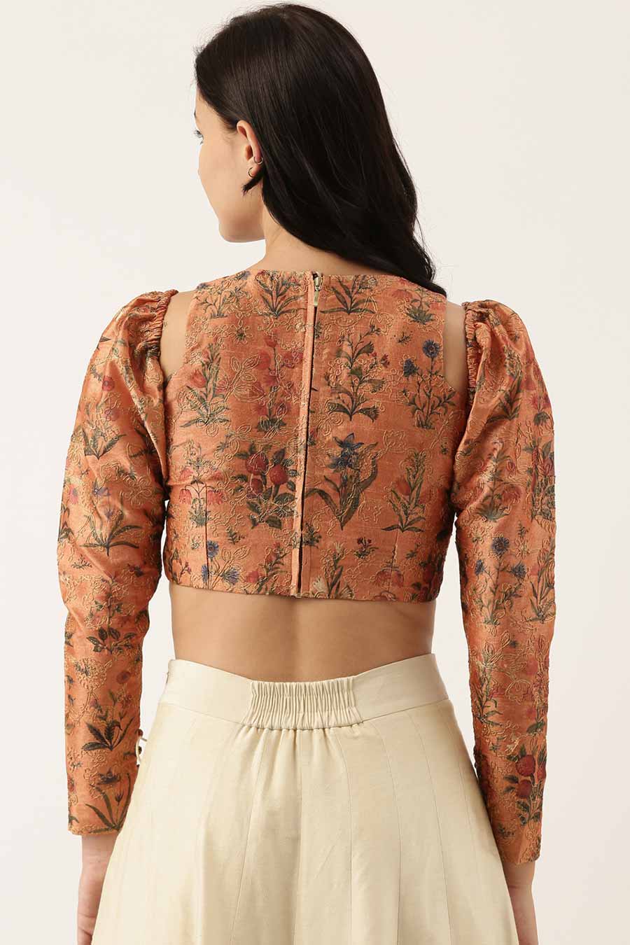 Rust Chanderi Print Embroidered Blouse
