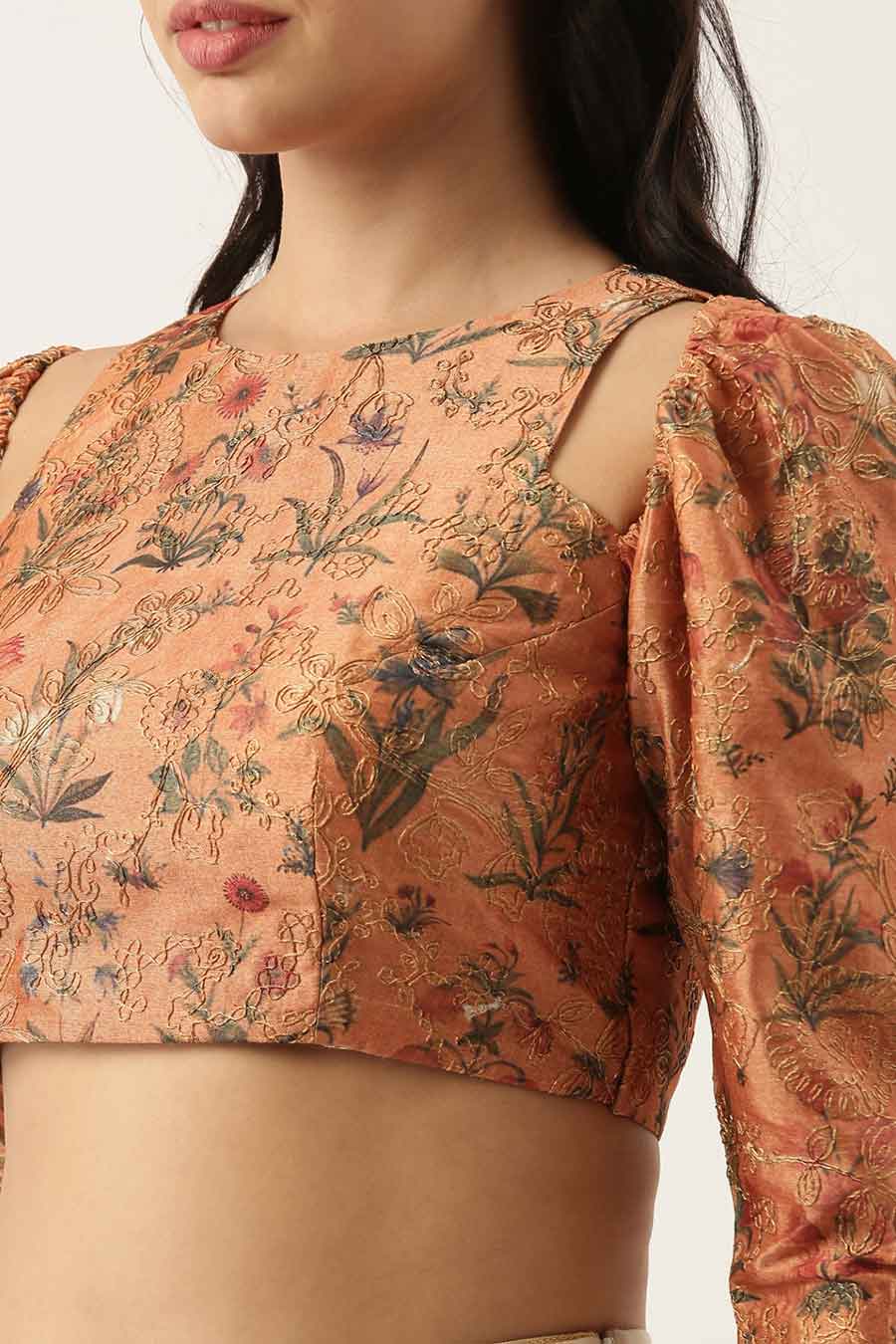 Rust Chanderi Print Embroidered Blouse