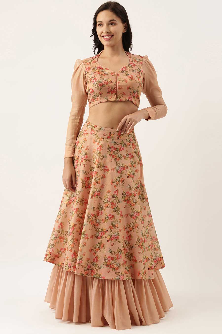 Pink Chanderi Printed Top and Skirt Set