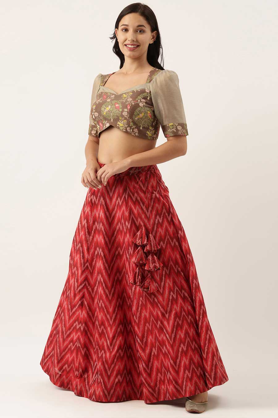 Brown Jaquard Top & Red Ikat Skirt Set