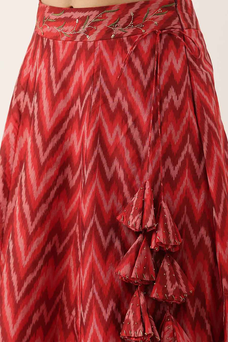 Brown Jaquard Top & Red Ikat Skirt Set
