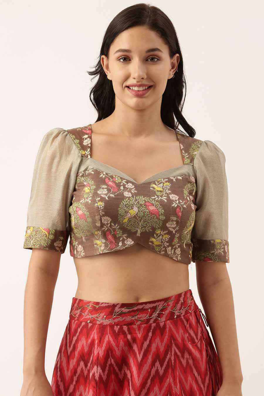 Brown Silk Jaquard Tie-up Blouse