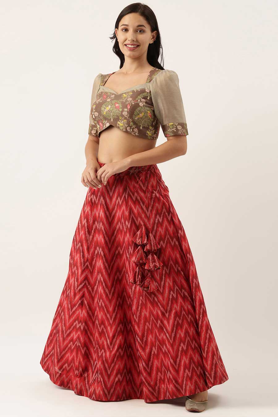 Brown Silk Jaquard Tie-up Blouse