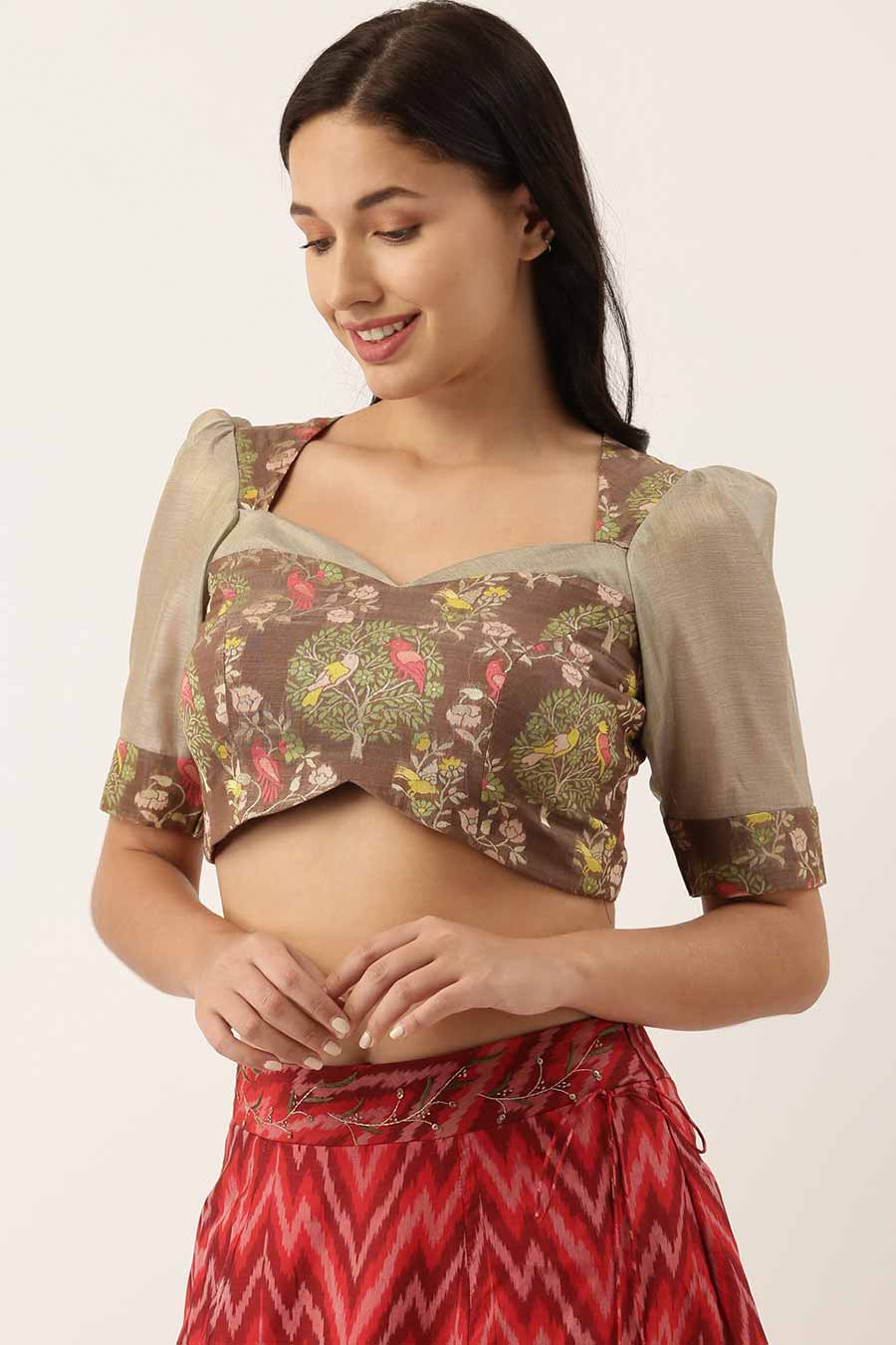 Brown Silk Jaquard Tie-up Blouse
