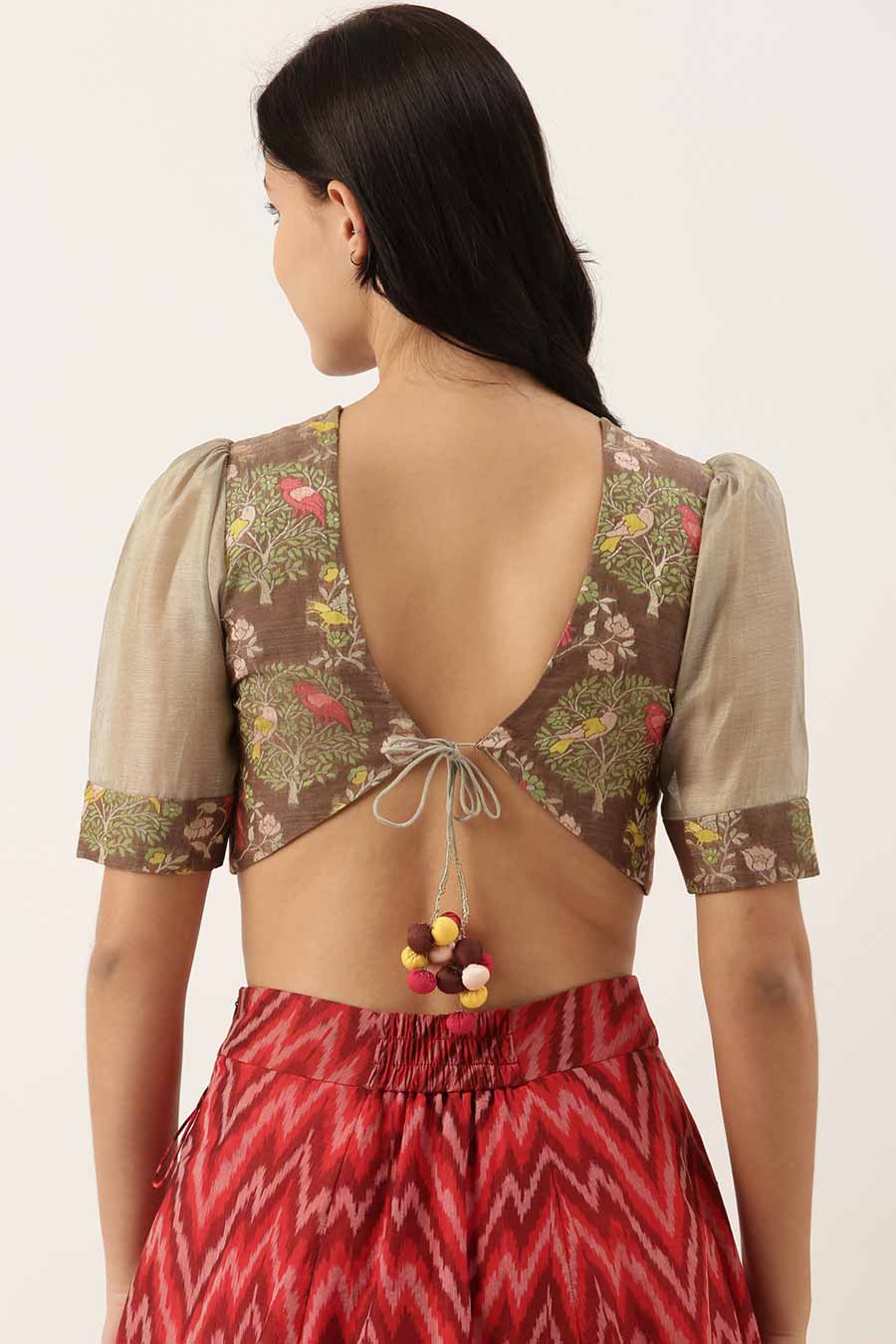 Brown Silk Jaquard Tie-up Blouse