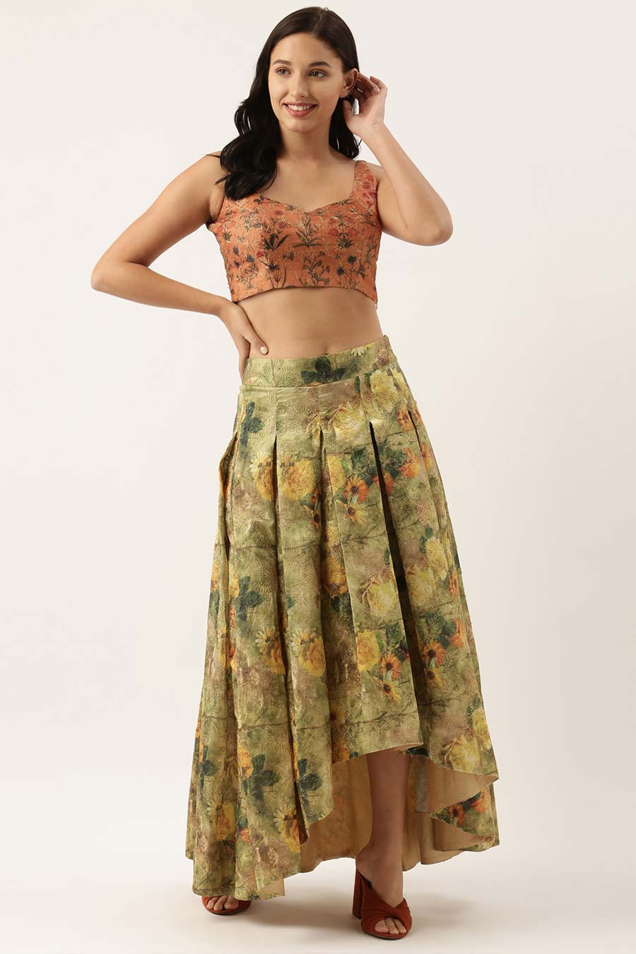 Embroidered Rust Top & Green Skirt Set