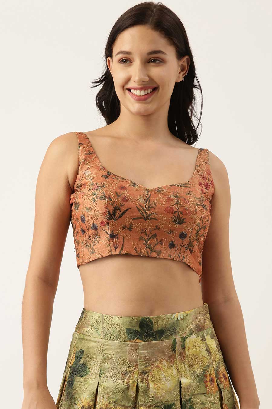 Embroidered Rust Top & Green Skirt Set