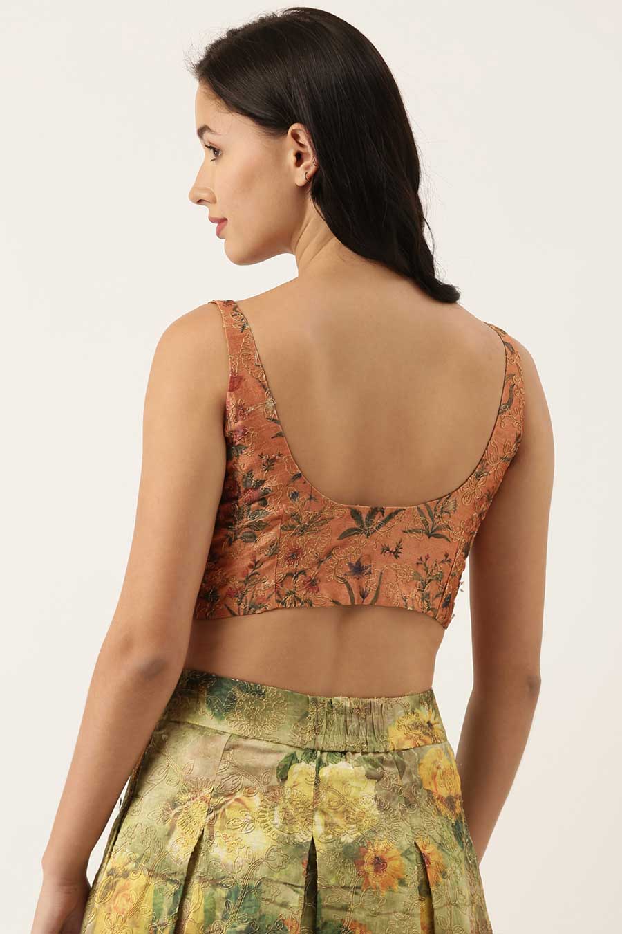 Embroidered Rust Top & Green Skirt Set