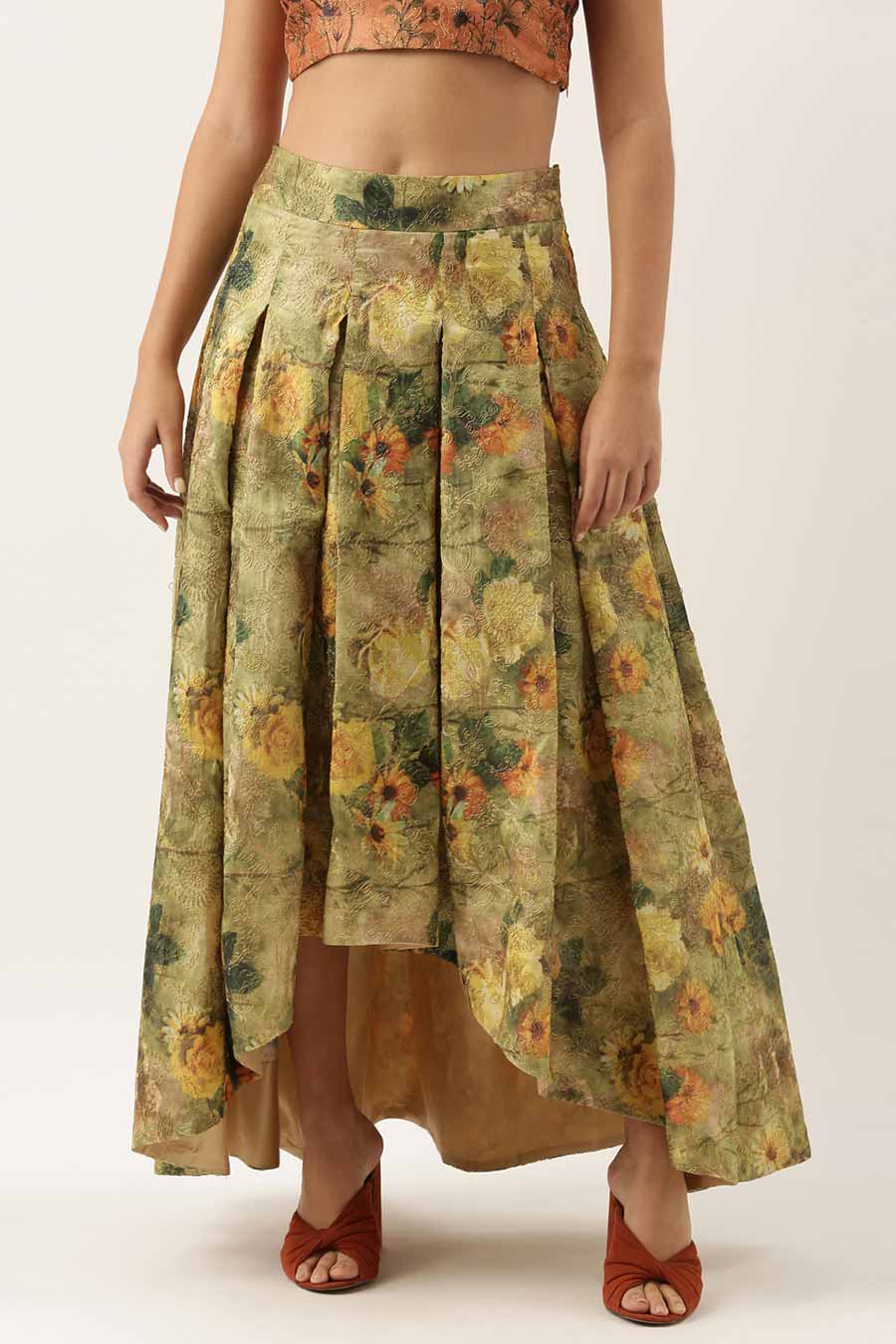 Embroidered Rust Top & Green Skirt Set