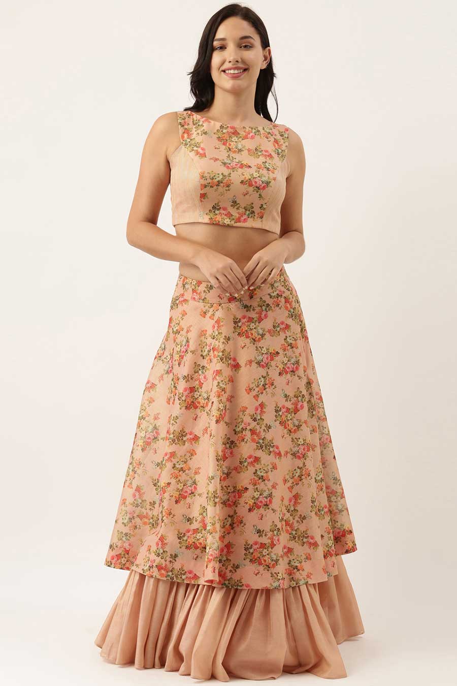 Chanderi Pink Printed Blouse & Skirt Set