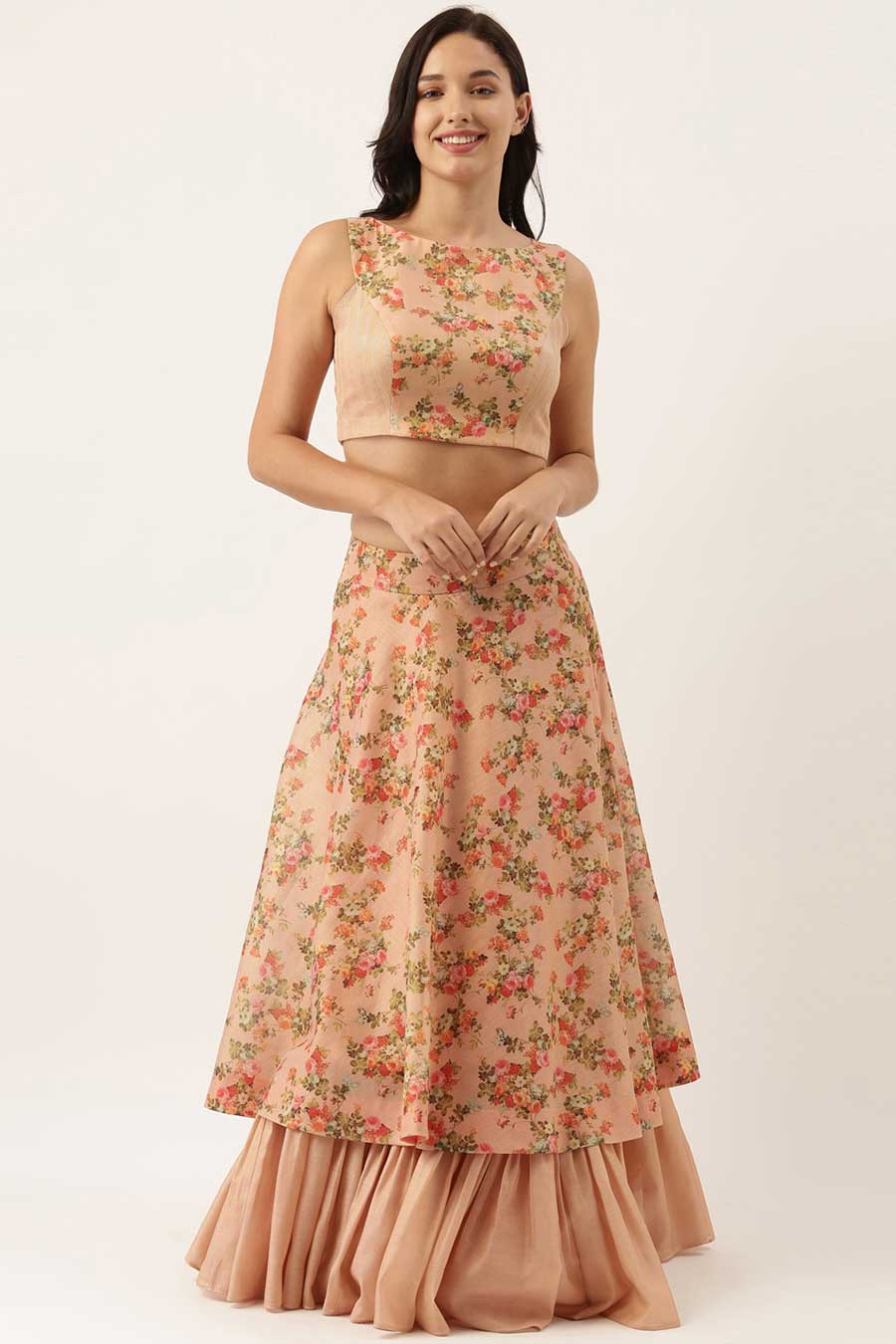 Chanderi Pink Printed Blouse & Skirt Set