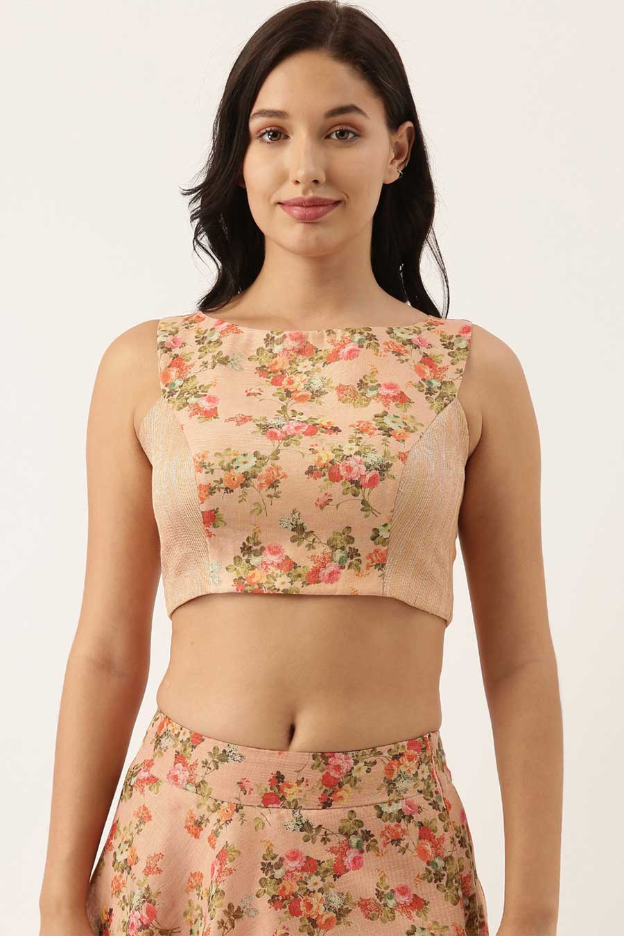 Chanderi Pink Printed Blouse & Skirt Set