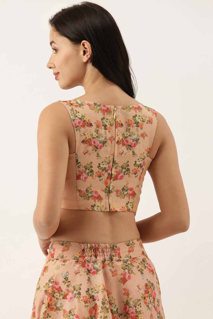 Chanderi Pink Printed Blouse & Skirt Set