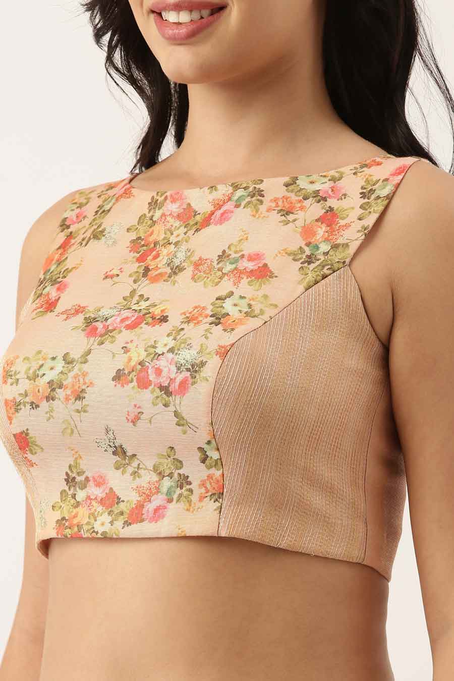 Chanderi Pink Printed Blouse & Skirt Set