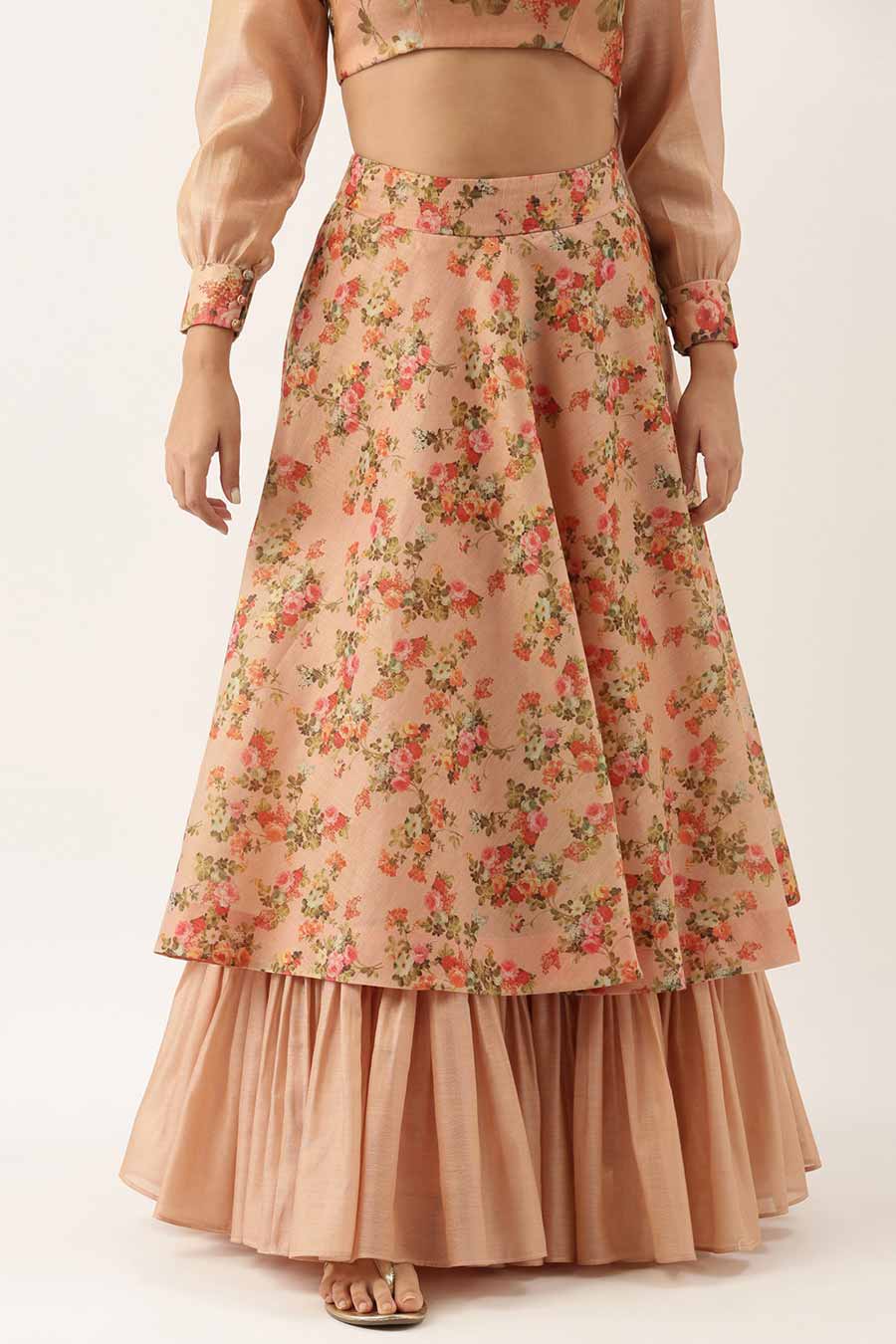 Chanderi Pink Printed Blouse & Skirt Set