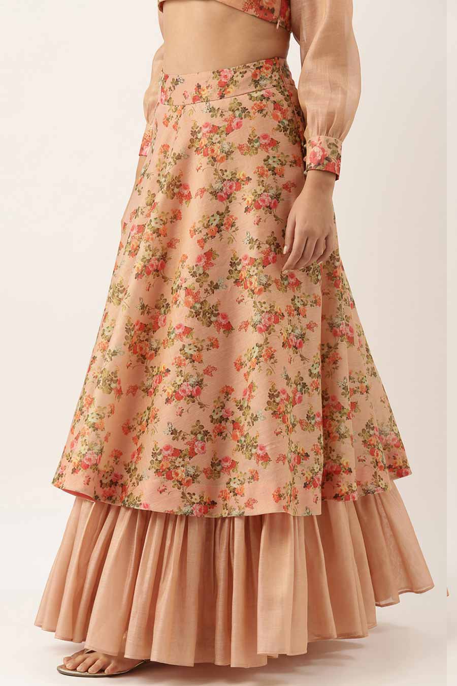 Chanderi Pink Printed Blouse & Skirt Set